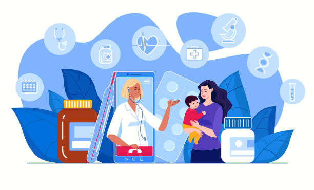 Professional Telemedicine and Healthcare. Online doctor consultation concept. Ask a doctor. Family doctor online. Medical diagnostics via the Internet. Mother and child talking, consulting a doctor using a tablet. Vector flat illustration. at home covid test stock illustrations