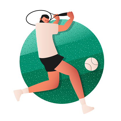A professional tennis player hits a ball flying in his direction with a racket. Sports game with a small ball. Vector illustration of team sports