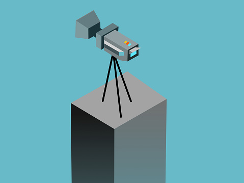 Professional video camera for television or videoblogs, in isometric form on a cube.