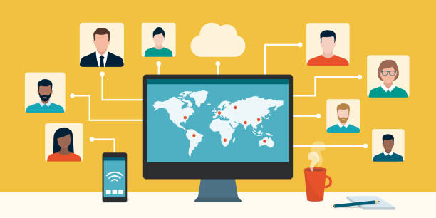 Professional workers and freelancers working together online Professional workers and freelancers from all over the world connecting and working together online, teleworking concept global connection stock illustrations