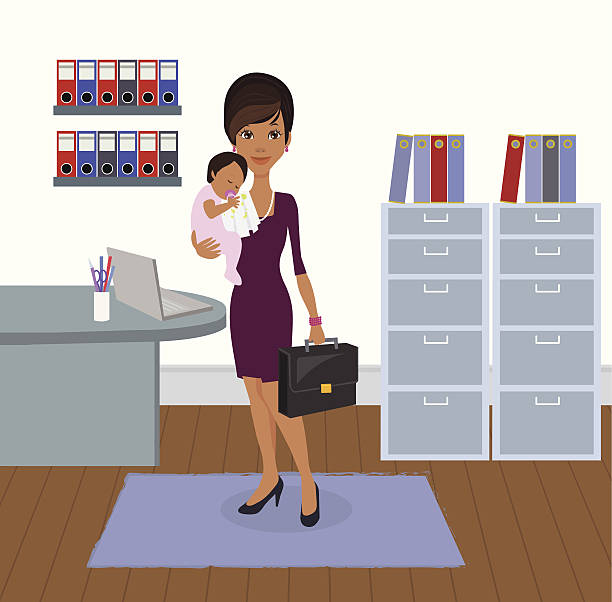 Professional Working Business Mother and Baby A vector image of a busy working mother juggling to also look after her young baby. black superwoman stock illustrations