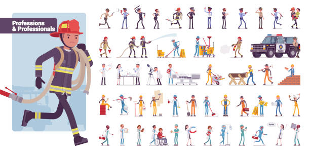 ilustraciones, imágenes clip art, dibujos animados e iconos de stock de profesionales y profesiones gran conjunto de caracteres paquete - firefighters
