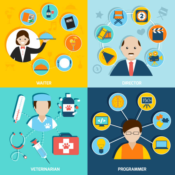People professions flat icons set with waiter director veterinarian...