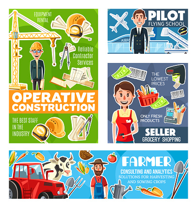 Professions of farmer, engineer, pilot and seller
