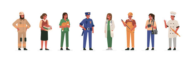 professions Different Professions People Characters Standing Together. Woman and Man Wearing Professional Uniform. Construction Worker, Doctor, Teacher, Policeman, Fireman. Flat Cartoon Vector Illustration. police force stock illustrations