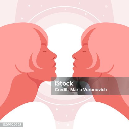 istock Profile of a two young women with closed eyes. Gemini. Side view. 1309929928