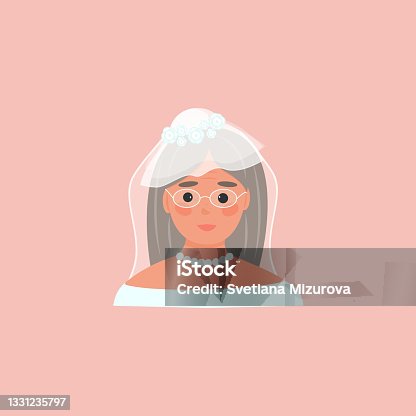 istock Profile of an elderly woman in white dress. Grandma gets married. Wedding image. Universal design for blogs, postcards, articles. Vector illustration, flat 1331235797