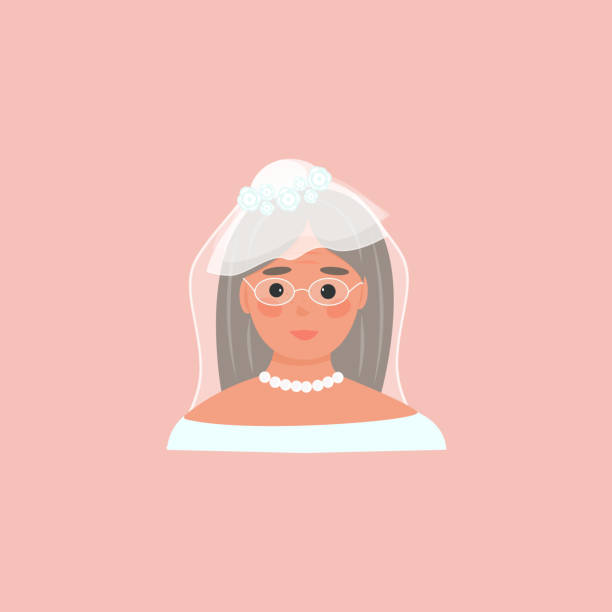 Profile of an elderly woman in white dress. Grandma gets married. Wedding image. Universal design for blogs, postcards, articles. Vector illustration, flat Profile of an elderly woman in white dress. Grandma gets married. Wedding image. Universal design for blogs, postcards, articles. Vector illustration, flat cartoon of a wrinkled old lady stock illustrations