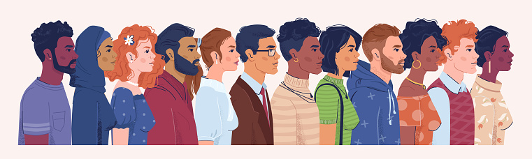 Profile portrait of men and women of different nationalities, religions and countries. Diversity of male and female character, crowd of people. Caucasian and arab, cartoon characters vector in flat