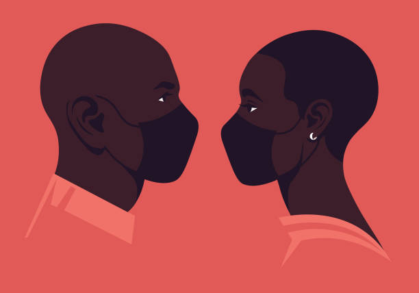 Profiles of African faces with medical face masks. Coronavirus. Love in the distance. Profiles of African faces with medical face masks. The heads of woman and man. Date and the epidemic. Coronavirus. Love in the distance. Family. Vector flat illustration divorce silhouettes stock illustrations