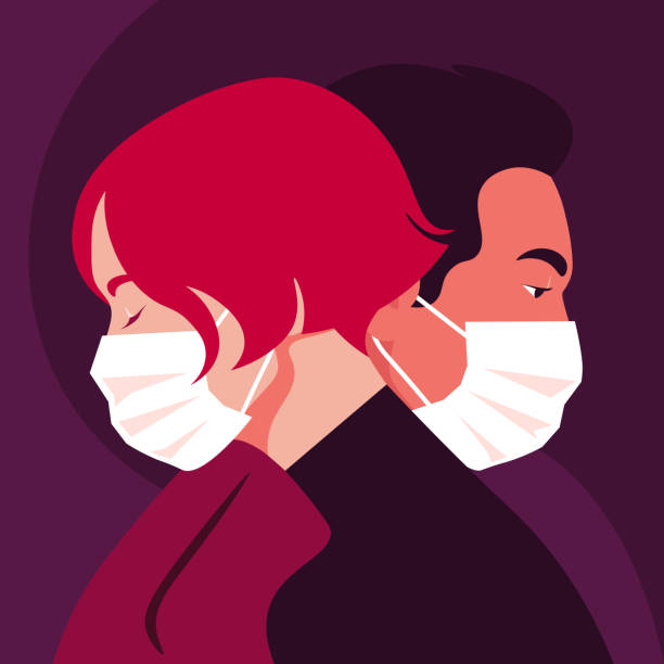 Profiles of people. Faces of woman and man wear medical masks. Date. Coronavirus. Love in the distance. Profiles of people. Faces of woman and man wear medical masks. Date and the epidemic. Coronavirus. Love in the distance. Husband and wife. Vector flat illustration divorce silhouettes stock illustrations