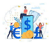 Profit from Currency Exchange Services Cartoon. Man Sits on Screen Large Smartphone. Mobile Application for Profitable and Convenient Exchange Currency Currencies. People Rejoice in Money.