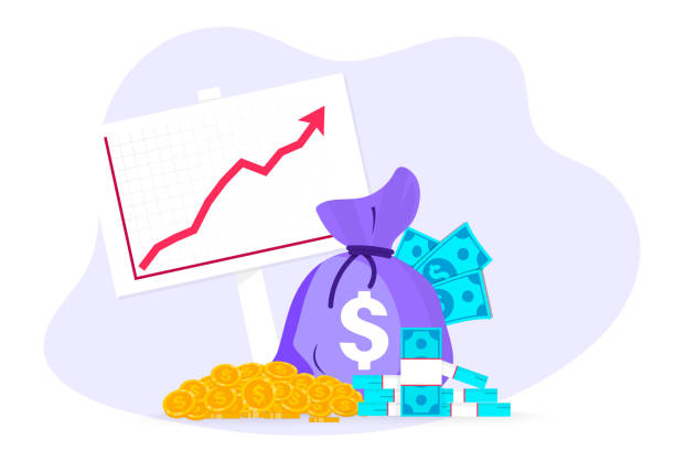 Profit money. Graph of growth profits. Pile of cash with rising graph arrow up. Business success, economic or market growth,  benefit investment revenue, capital earnings, financial growth diagram  inflation stock illustrations