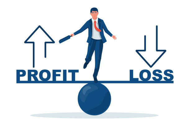 Profit or loss. Benefit or cost. Businessman balancing between two positions vector art illustration
