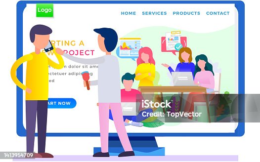 istock Program landing page template. Chatting via the Internet. Guys communicate and work together 1413954709
