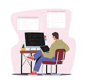 istock Programmer Male Character Working on Computer and Tablet Pc Coding, Creating New Website, Software or Application 1305858021