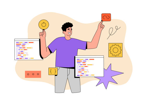 Programmer working on web development on virtual computer screen vector art illustration