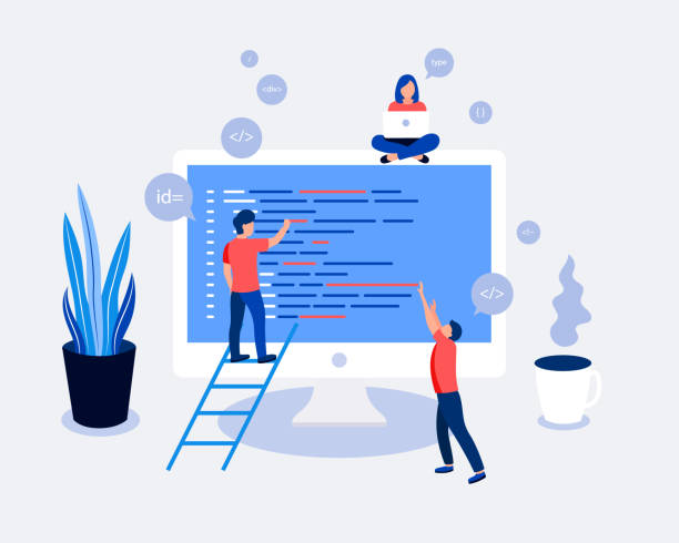 Programmers coding and correct errors in project. Programmers coding and correct errors in project. Laptop screen with program code. Trendy flat style. Vector illustration. developer stock illustrations