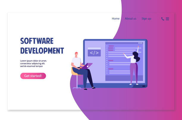 Programmers tiny man and woman writes code on laptop Programmers tiny man and woman writes code on laptop. Concept of programming, software, web development, coding. Vector illustration in flat cartoon design for banner, landing page, ui. developer stock illustrations