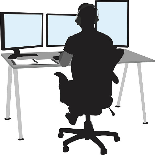 Programmer's Work Station A vector silhouette illustration of a man sitting at his computer work station.  He wears headphones and faced three computer monitors. computer silhouettes stock illustrations