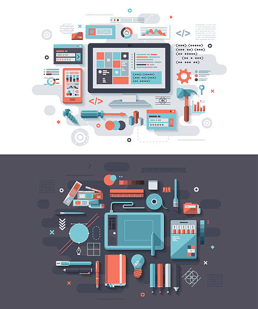 Programming & Graphic Design Concept Concept illustrations with flat design-styled vectors themed on programming and graphic design. EPS 10 file, layered & grouped,  coding illustrations stock illustrations