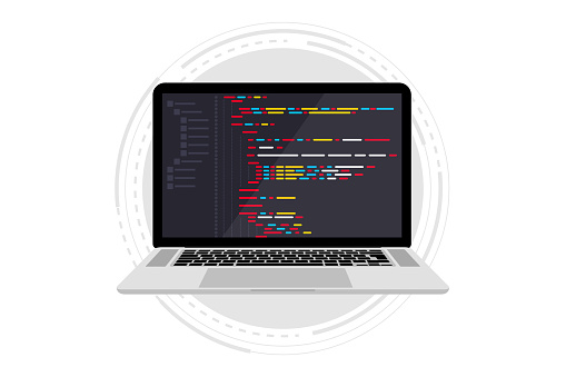 Programming language and program code on screen laptop. Programming coding. PHP, HTML, C++, CSS, Js. Programmer or developer create code programming. Software, web development, programming concept