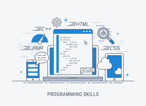 Programming skills vector illustration Programming and coding skills. Development and debugging. Flat modern line-art vector illistration. broadcast programming stock illustrations