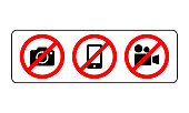 istock Prohibition sign no camera, no mobile phone and no video recording signboard vector illustration on white background 1308329379