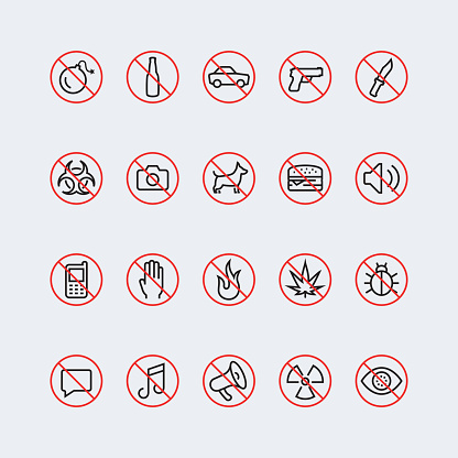 Prohibition signs and icons in thin line style