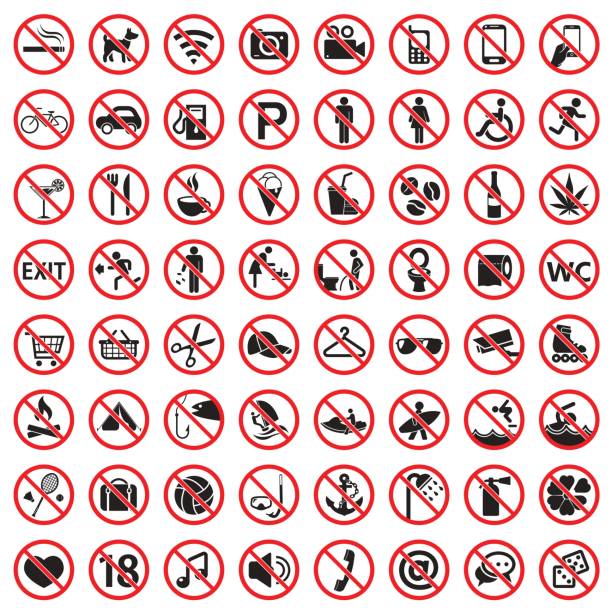 Prohibition signs icon set Prohibited icon set, warning danger prohobited signs exclusion stock illustrations