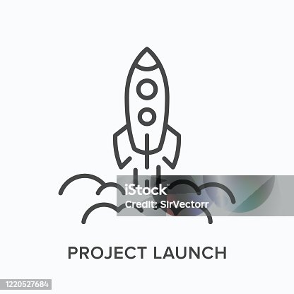 istock Project launch line icon. Vector outline illustration of starting up rocket. Business startup pictorgam 1220527684