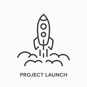 istock Project launch line icon. Vector outline illustration of starting up rocket. Business startup pictorgam 1220527684