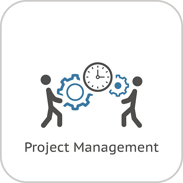 Project Management Icon. Flat Design. Project Management Icon. Business Concept. A Two man with Gears and Clock. Flat Design. Isolated Illustration. App Symbol or UI element. project management stock illustrations