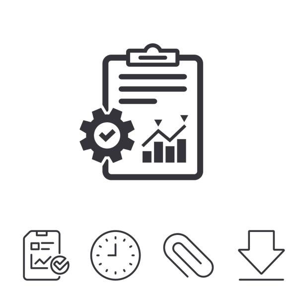 Project management icon. Report document with cogwheel symbol. File...