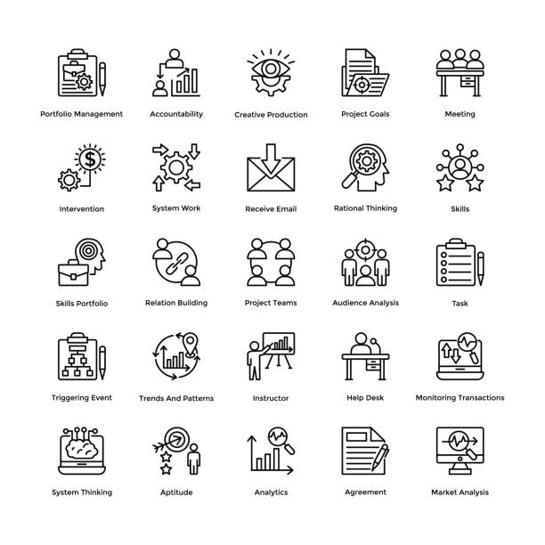 ilustraciones, imágenes clip art, dibujos animados e iconos de stock de proyecto gestión línea vector icons set 19 - target market