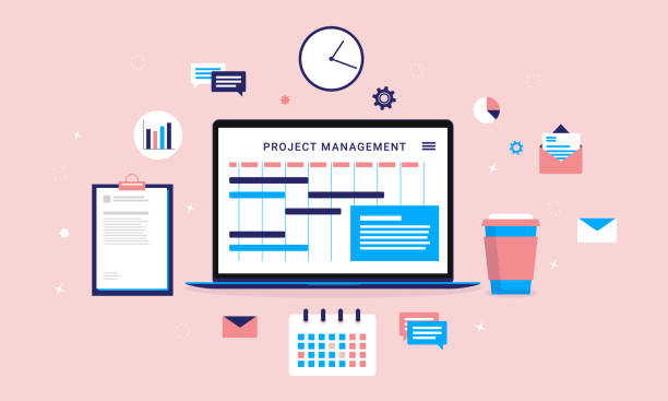 Project management Laptop computer with planning software on screen, clock, mail, documents and charts. Assets a project manager needs. Vector illustration. project manager stock illustrations