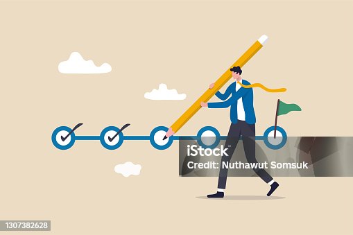 istock Project tracking, goal tracker, task completion or checklist to remind project progress concept, businessman project manager holding big pencil to check completed tasks in project management timeline. 1307382628