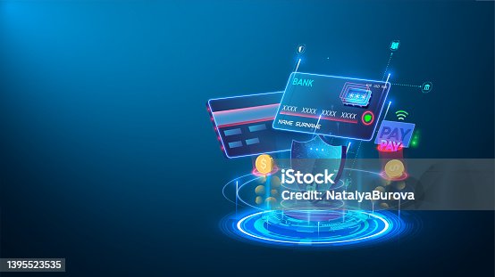 istock Projection of a credit card, on background of a billboard, money and payment. Target page for protection of online payments, online purchases using bank card. Concept of electronic security financing. 1395523535