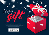 Promo banner with Open Gift Box and silver Confetti. Red jewelry box. Template for jewelry shops. Christmas Background. Vector Illustration.