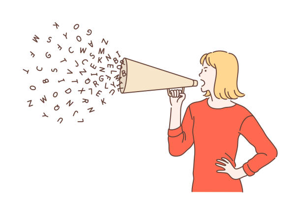 Promotion, advance, campaign concept. Promotion, advance, campaign concept. Emotional woman using megaphone for advertising or digital marketing. Feminist girl speaking loudly in the megaphone. Vector flat design. person hypnotized by mass media stock illustrations