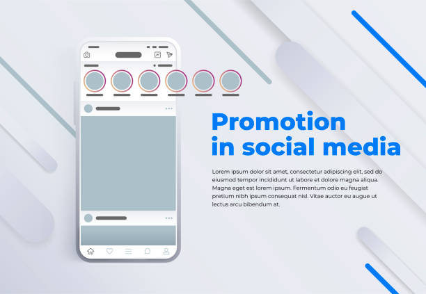 Promotion in social media. Stories in social networks. Modern cellphone with app screen mockup. vector art illustration