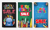 Promotional Vertical Poster and Banner Set with Creative Styles of Back to School Sale Text Titles in Different Colored Backgrounds for Marketing Purposes