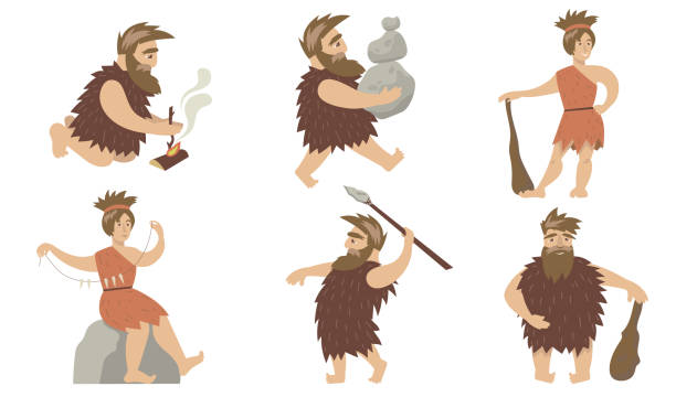 ilustrações de stock, clip art, desenhos animados e ícones de promotive cave people set - fire caveman