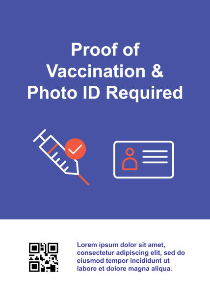 Proof Of Vaccination & Photo ID Required Sign. No Vaccine No Entry Banner. COVID-19 Vaccination Entry Poster. Proof Of Vaccination & Photo ID Required Poster. Vector, Illustration, Flat Design. vaccine mandate stock illustrations