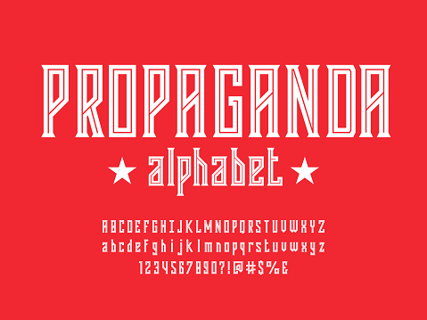 Propaganda Retro style alphabet design with uppercase, lowercase, numbers and symbols
