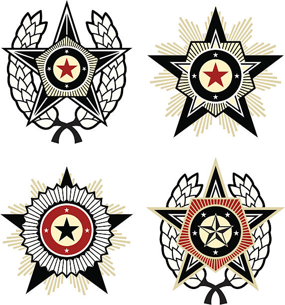 Propaganda style emblems 4 Propaganda style emblems with stars, pentagons and laurel wreaths. military symbols stock illustrations