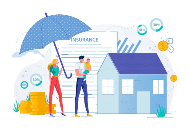 Property Insurance and Real Estate Protection. Property Insurance and Real Estate Safety and Protection. Family with Child, People Cartoon Characters on House Protected with Giant Umbrella and Assurance Policy Background. Flat Vector Illustration. home insurance stock illustrations