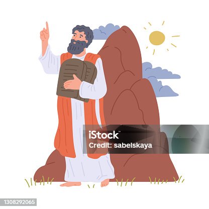 istock Prophet Moses hold stone tablets with commandments of god on mount sinai. 1308292065