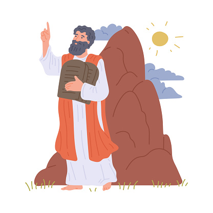 Prophet Moses hold stone tablets with commandments of god on mount sinai.