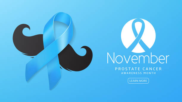 Prostate cancer awareness month banner Prostate cancer awareness month banner. Vector illustration with satin ribbon and moustache on blue background. Men healthcare concept. november stock illustrations